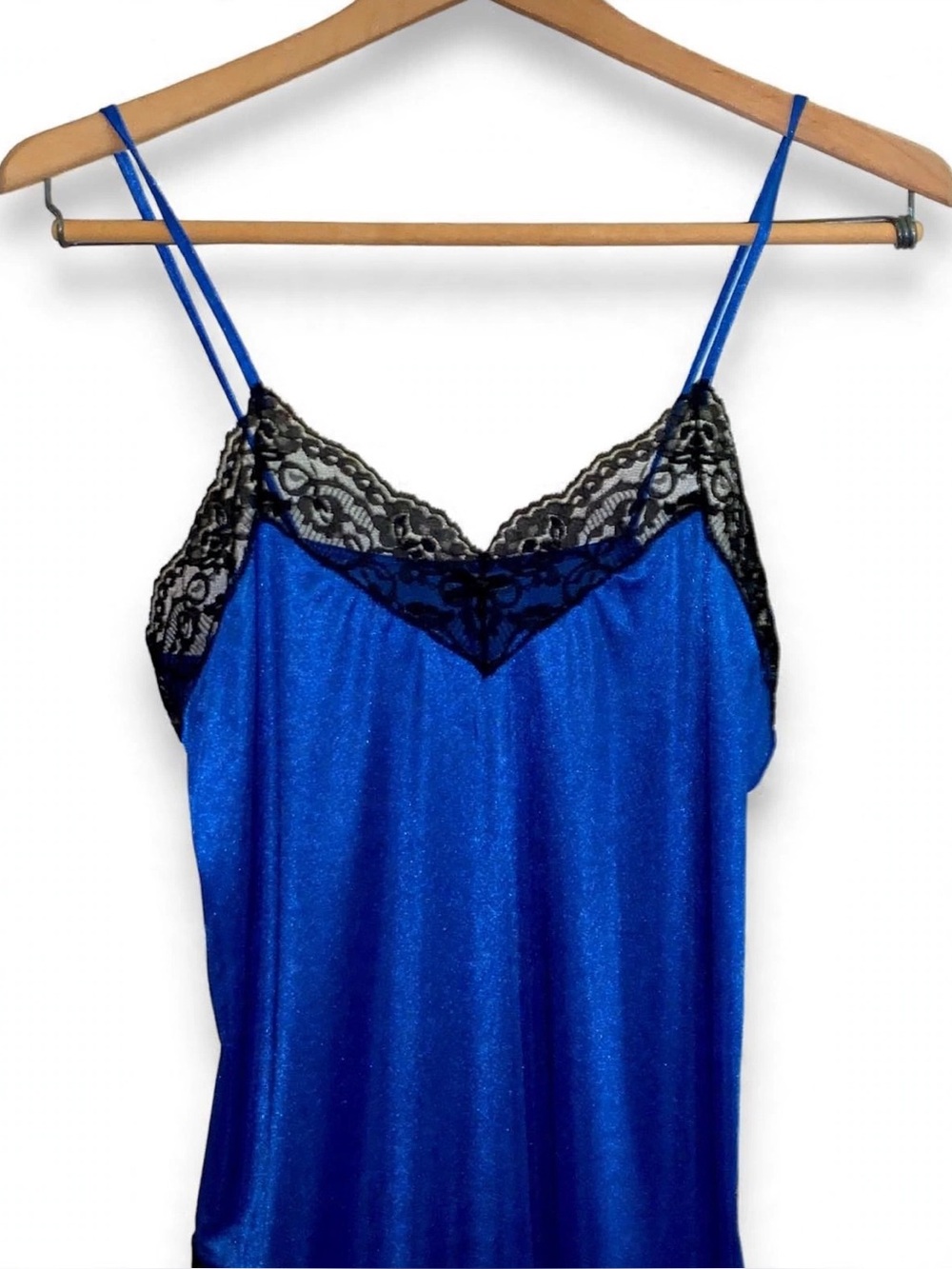Vintage 80s Electric Blue Lace Mesh Slip Dress S Asymmetrical Midi - Picture 3 of 6